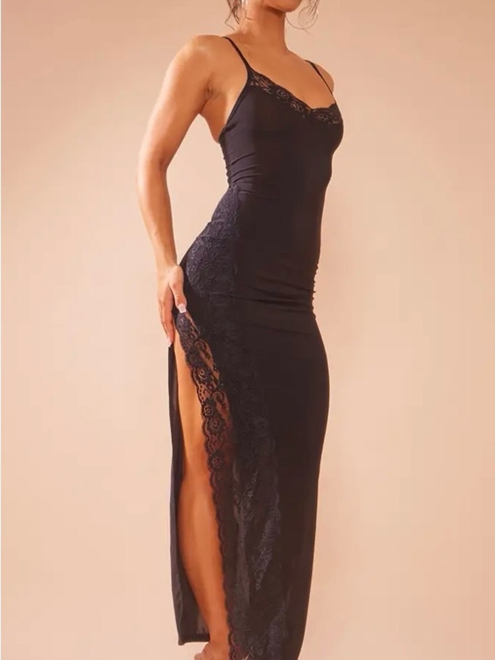 PrettyLittleThing Black Lace-Trim Maxi Slip Dress - Picture 2 of 5